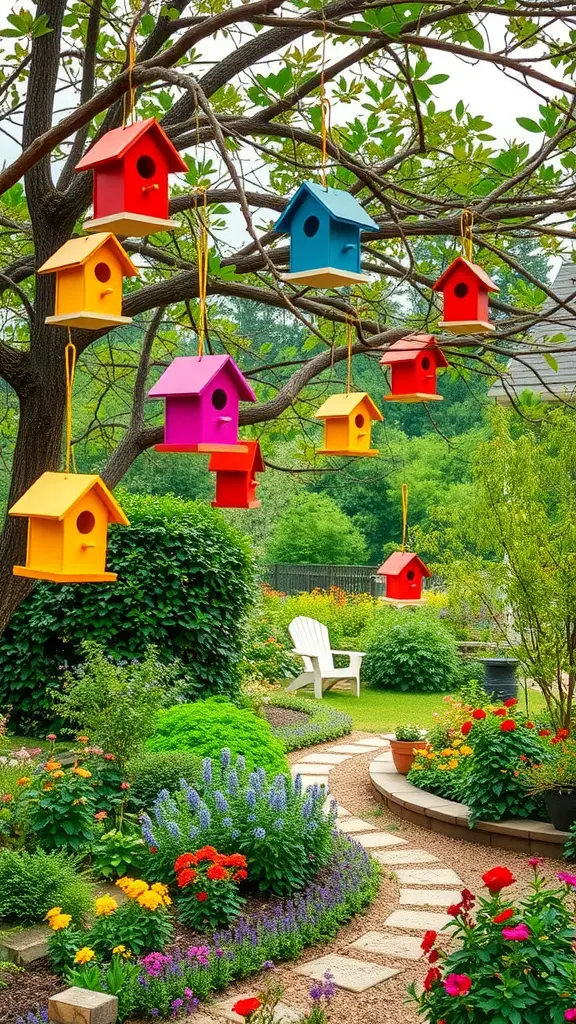 27 Charming Farmhouse Garden Ideas to Enhance Your Outdoor Space 13 Colorful birdhouses hanging from a tree in a garden filled with flowers and greenery.