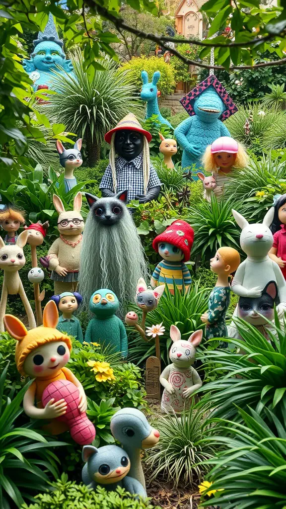 25 Whimsical Garden Ideas to Transform Your Outdoor Space 25 A whimsical garden filled with quirky sculptures, including colorful characters and charming creatures among lush greenery.