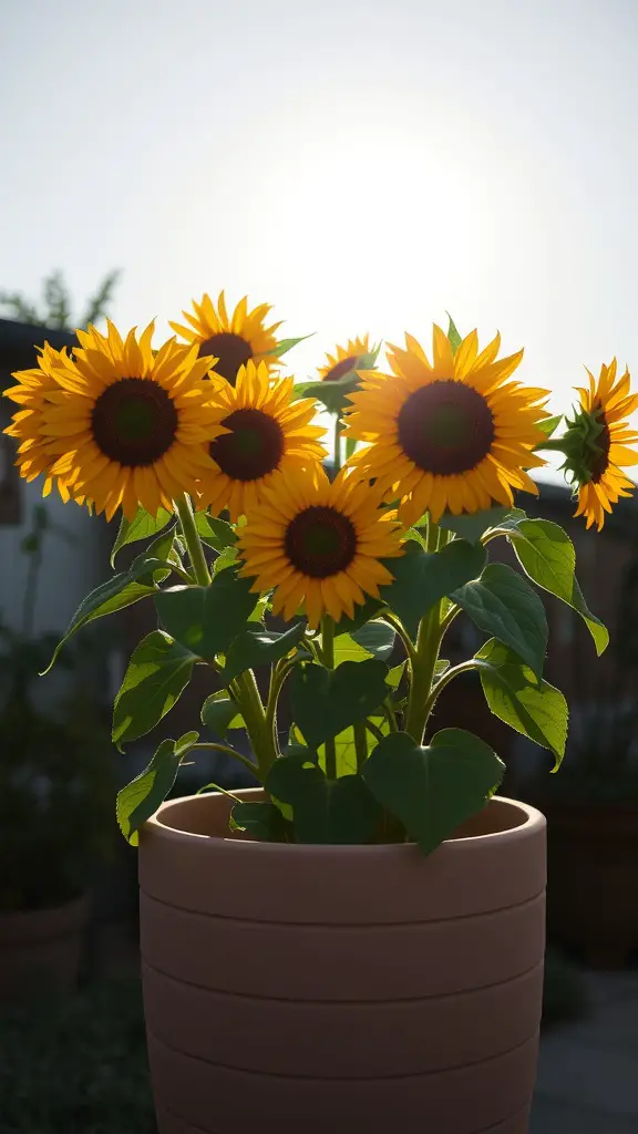 19 Stunning Container Plants for Full Sun Gardens 12 A tall planter filled with vibrant sunflowers against a bright background