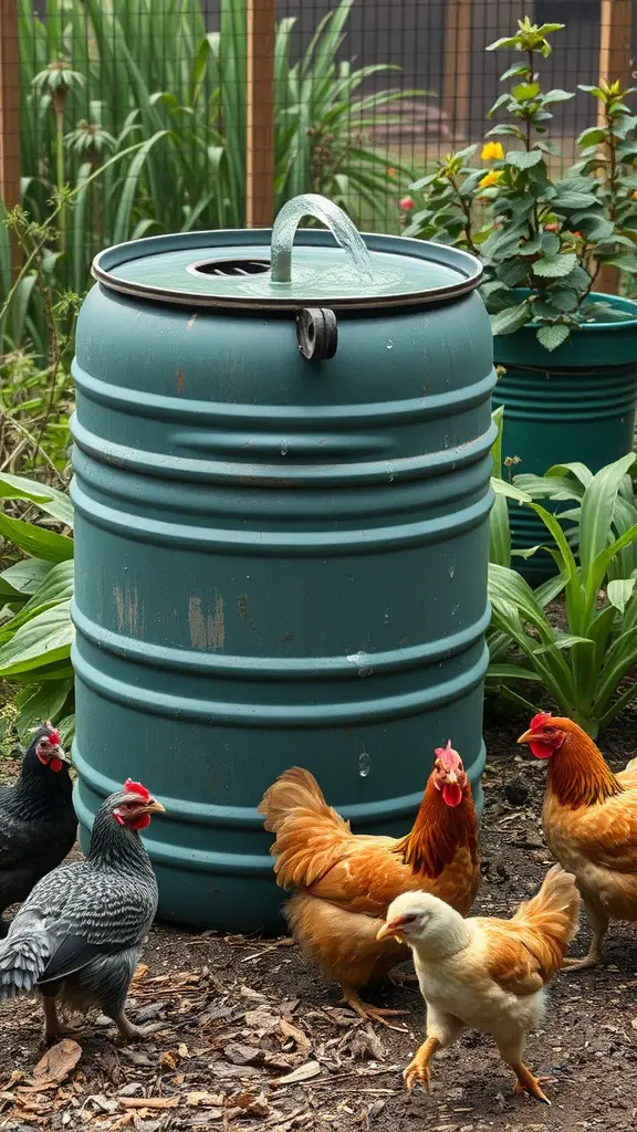 17 Creative DIY Chicken Waterer Ideas for Your Coop 12 A rain barrel used as a water supply for chickens, surrounded by various plants and chickens