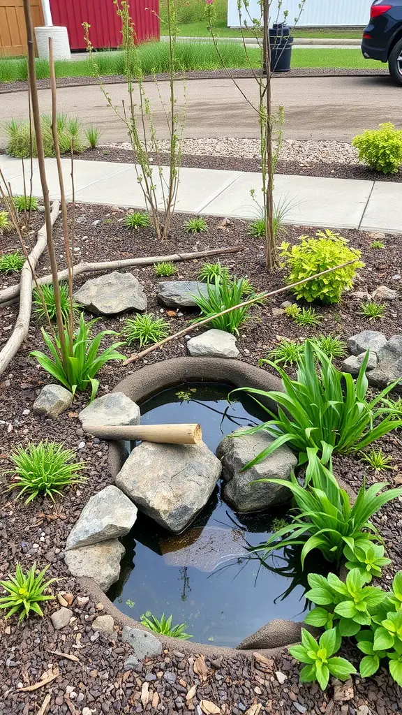 27 Creative Small Garden Plans for Limited Spaces 18 A rain garden featuring a small pond surrounded by plants and rocks.