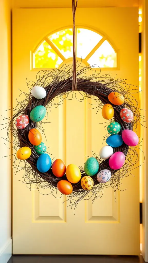 A colorful wreath made of faux Easter eggs in various colors hanging on a door.