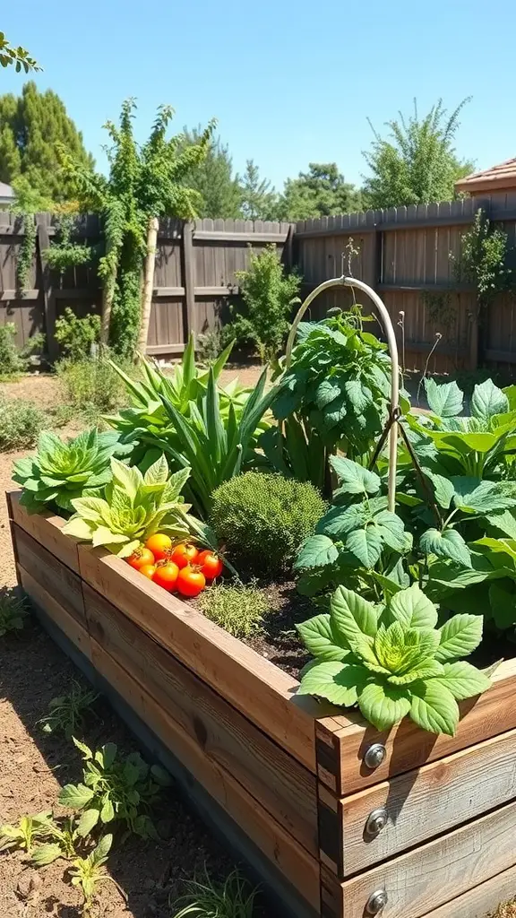 27 Creative Small Garden Plans for Limited Spaces 6 A raised bed vegetable garden filled with various plants including tomatoes and leafy greens, surrounded by a sunny outdoor setting.