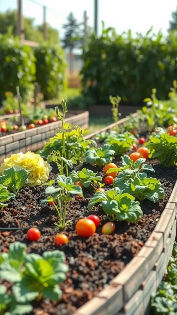 17 Creative Curved Flower Bed Ideas to Enhance Your Garden 10 A sunny garden with raised curved flower beds, featuring healthy tomato plants and strawberries.