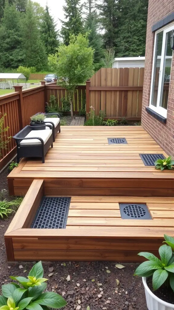 15 Creative Garden Decking Ideas for Your Outdoor Space 9 A raised wooden deck with drainage grates surrounded by plants, showcasing a neat and organized garden space.