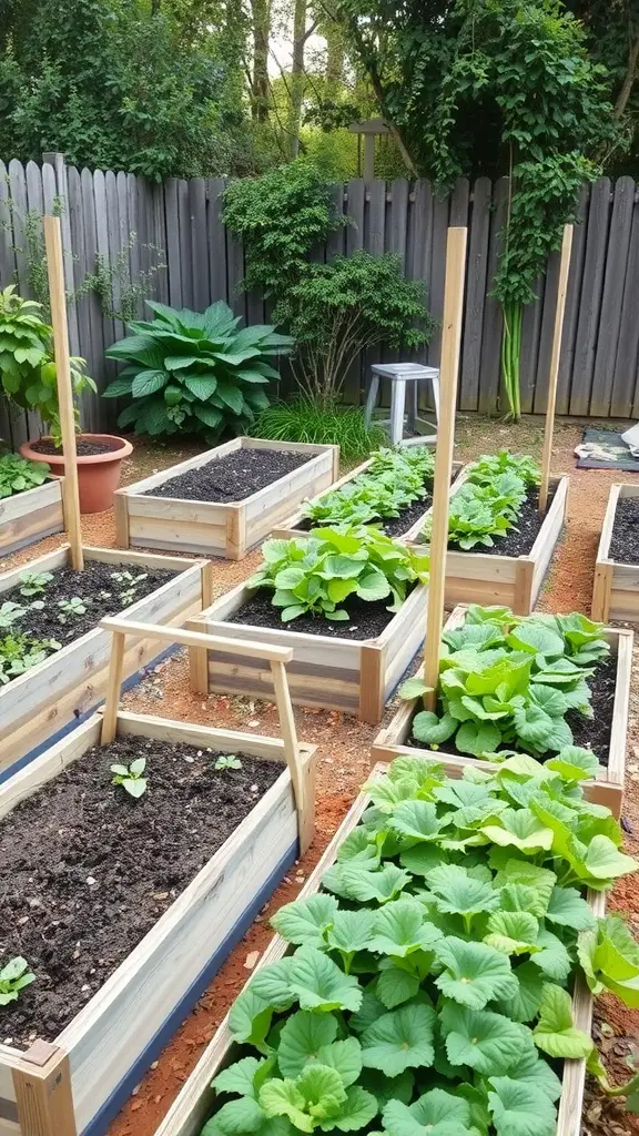 23 Creative Corner Garden Ideas for Your Backyard 7 A corner garden with raised vegetable beds filled with green plants and soil.