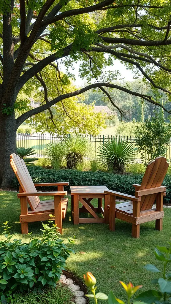 27 Charming Farmhouse Garden Ideas to Enhance Your Outdoor Space 12 Two reclaimed wood chairs and a table in a garden under a large tree