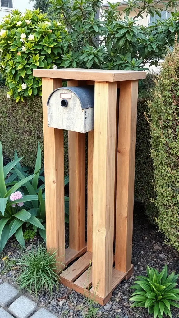 21 Creative DIY Mailbox Post Ideas for a Unique Curb Appeal 10 Recycled pallet mailbox stand with a vintage mailbox surrounded by plants.