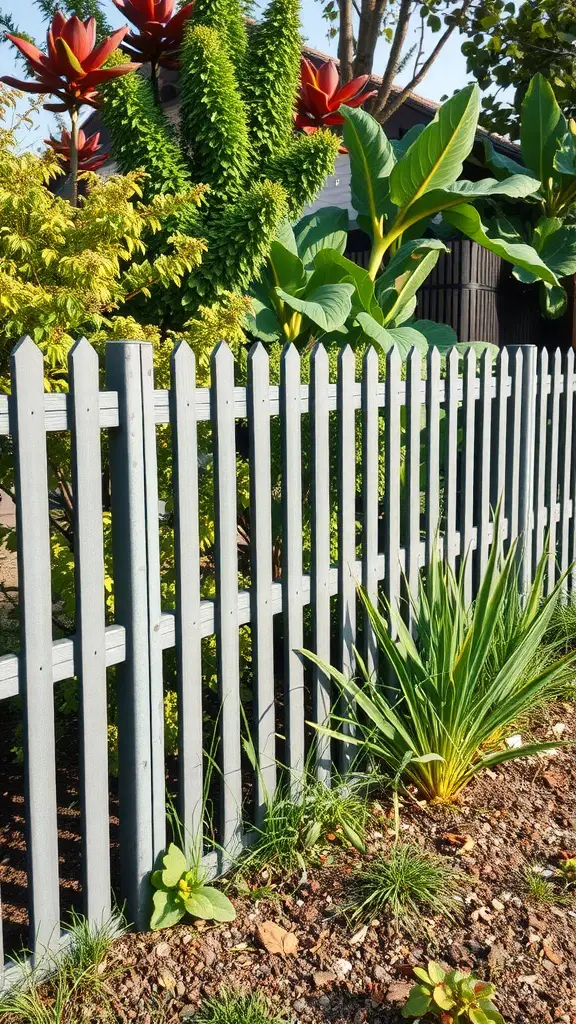 27 Affordable DIY Fence Ideas to Transform Your Yard 20 A neat gray fence made of recycled plastic, surrounded by lush green plants.