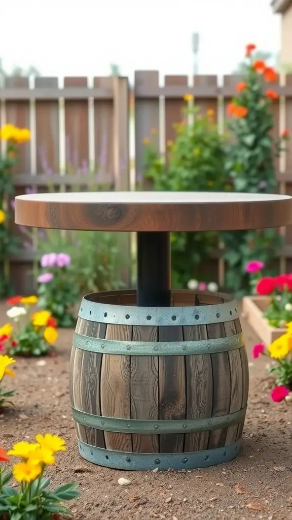 29 Affordable DIY Patio Furniture Ideas for Your Outdoor Space 16 A rustic recycled wine barrel table surrounded by colorful flowers in a garden.