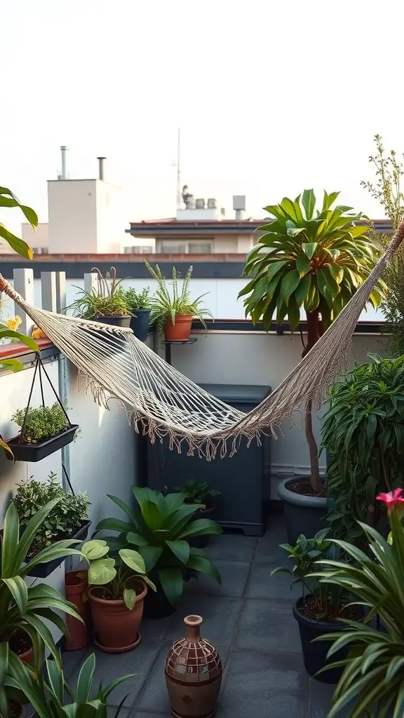 25 Creative Rooftop Garden Ideas for Your Urban Oasis 29 A cozy hammock nook surrounded by various potted plants on a rooftop garden.