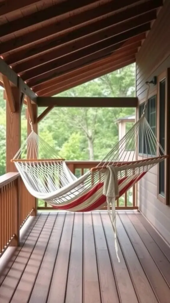 29 Stylish Deck Decorating Ideas You Need to Try 16 A cozy hammock hanging on a deck surrounded by greenery.