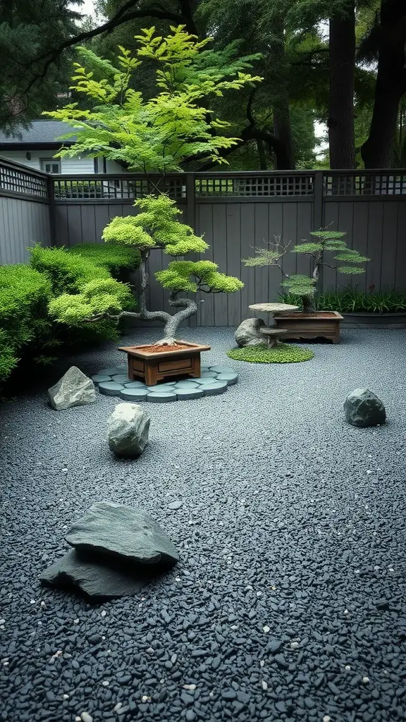 17 Creative Grass Alternative Backyard Ideas for a Stunning Outdoor Space 14 A beautifully arranged Zen garden featuring bonsai trees and smooth stones