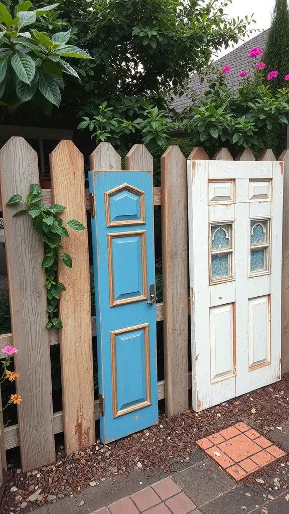 27 Affordable DIY Fence Ideas to Transform Your Yard 6 A fence made from repurposed doors, featuring a blue door and a white door, surrounded by greenery.
