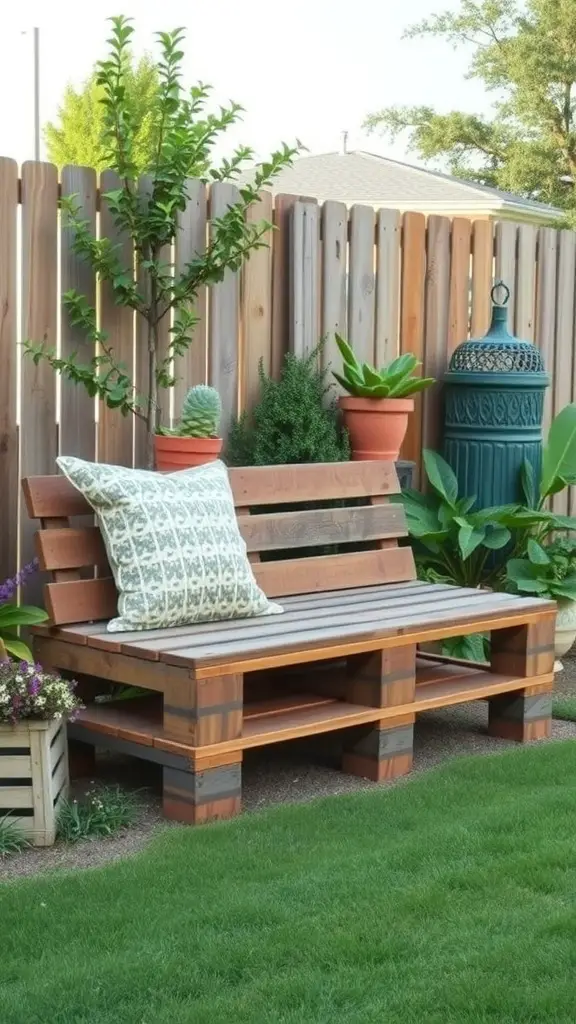 25 Creative Garden Bench Ideas to Enhance Your Outdoor Space 5 A repurposed pallet bench in a garden setting with potted plants and greenery.