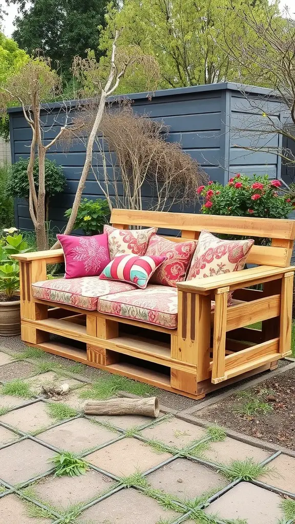 29 Affordable DIY Patio Furniture Ideas for Your Outdoor Space 9 A repurposed pallet sofa with colorful cushions in a garden.