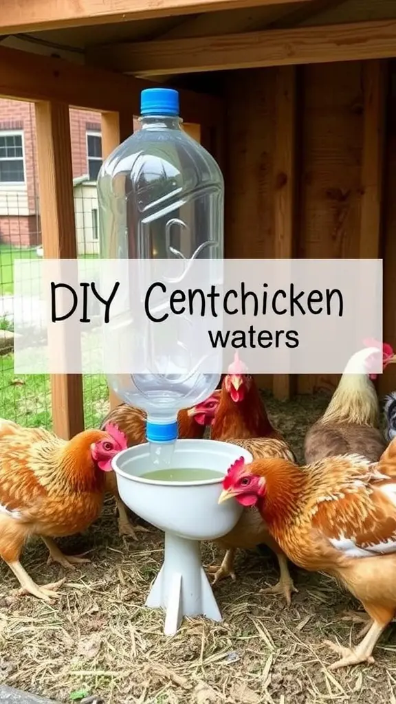 17 Creative DIY Chicken Waterer Ideas for Your Coop 2 DIY chicken waterer made from a plastic bottle and bowl with chickens drinking from it.