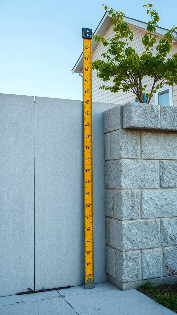 A measuring tape next to a retaining wall, indicating height measurement.