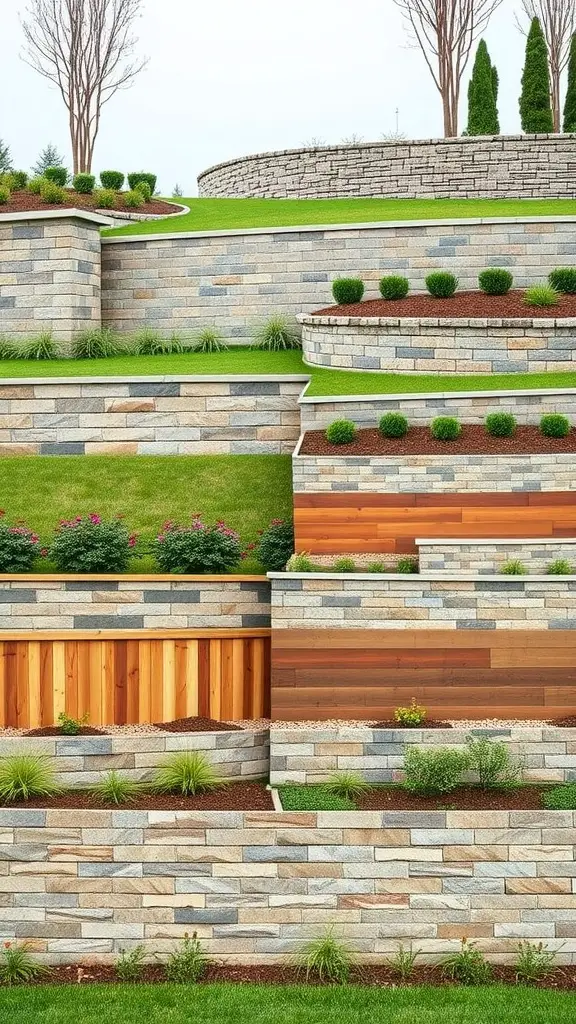 A tiered retaining wall featuring a combination of stone and wood materials, surrounded by greenery and colorful plants.