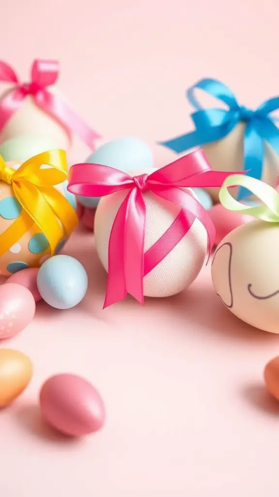 Colorful ribbon-wrapped Easter eggs with polka dots and bows.