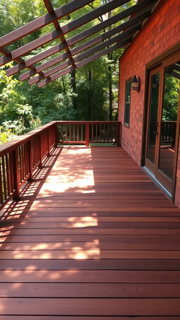 15 Stunning Deck Stain Colors to Transform Your Outdoor Space 4 Deck stained in rich mahogany surrounded by greenery