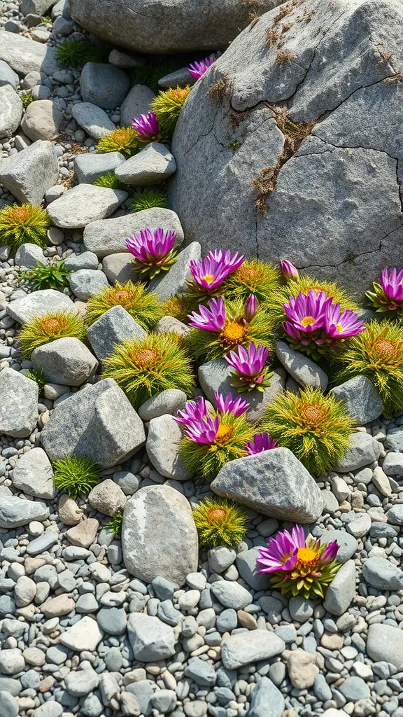 21 Beautiful Small Flower Bed Ideas for a Stunning Garden 7 A rock garden featuring alpine flowers with pink blooms among gray stones and pebbles.
