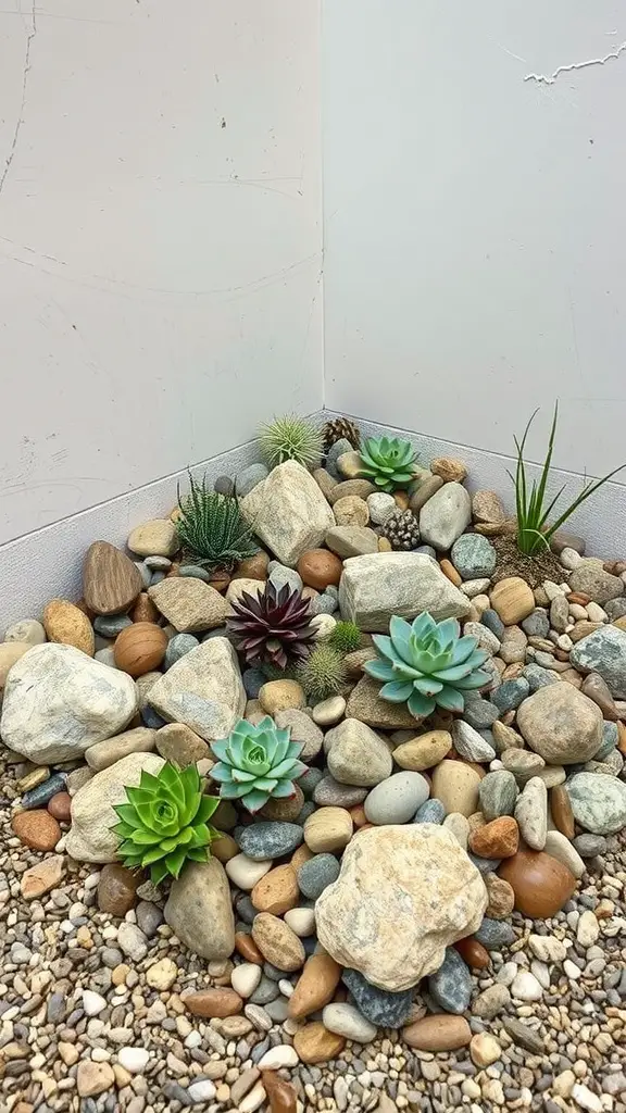 23 Creative Corner Garden Ideas for Your Backyard 20 A rock garden featuring various succulents among pebbles and stones.