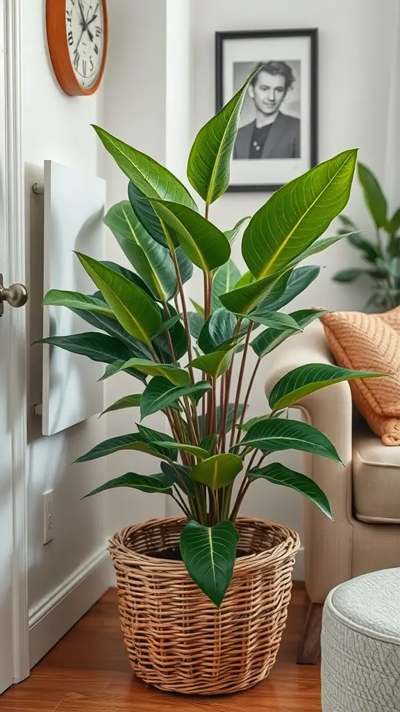 Rubber Plant in a woven basket, enhancing a living room corner with greenery.