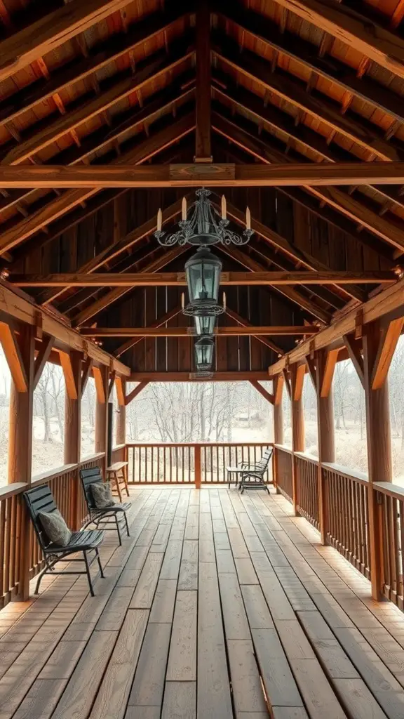 19 Creative Deck with Roof Ideas for Your Outdoor Space 6 A rustic deck featuring a barn-style roof with exposed wooden beams and a chandelier hanging from the ceiling.