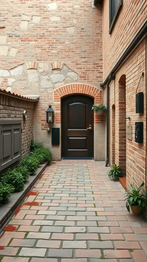 25 Stunning Brick Walkways to Enhance Your Front Door Curb Appeal 27 A rustic brick and cobblestone walkway leading to a front door, framed by greenery and warm-toned brick walls.