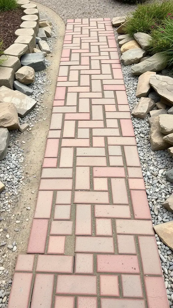 25 Stunning Brick Walkways to Enhance Your Front Door Curb Appeal 4 A rustic brick walkway bordered by gravel and stone, leading towards a front door.
