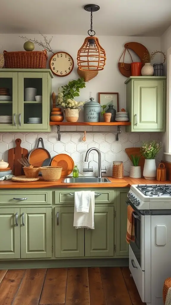 29 Stunning Sage Green Kitchen Cabinet Ideas for a Fresh Look 9 A rustic kitchen featuring sage green cabinets, wooden countertops, and decorative accessories.