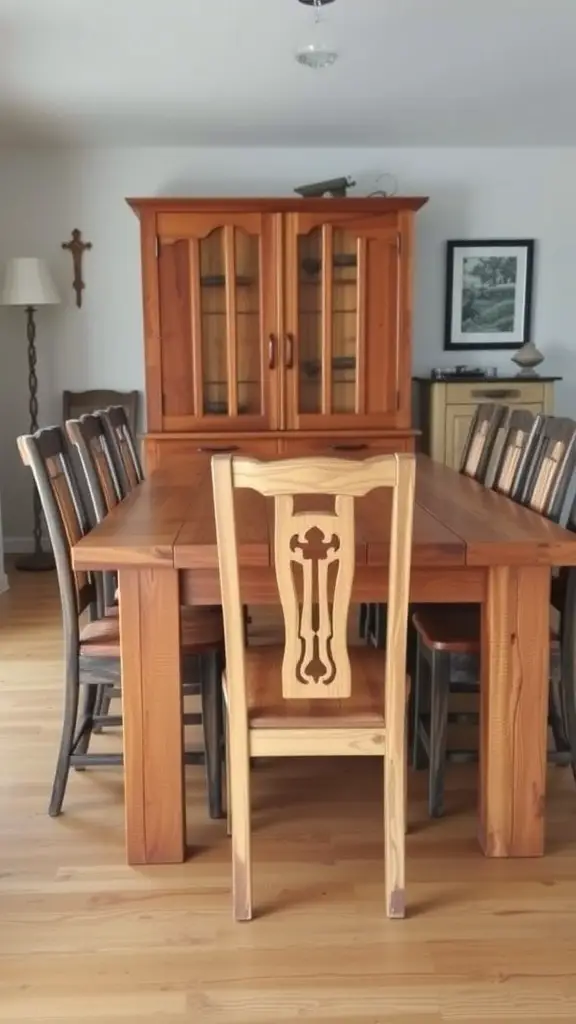 23 Inspiring Farmhouse Kitchen Ideas You’ll Love 22 A rustic dining setup featuring a wooden table and varied dining chairs with a unique design.