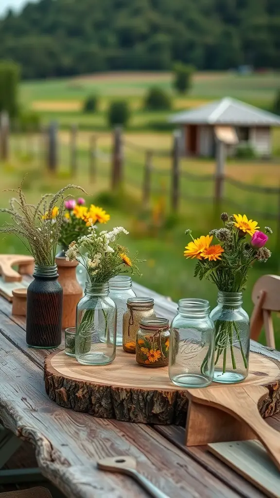 19 Stunning Summer Tablescape Ideas to Elevate Your Outdoor Dining 10 A rustic farmhouse table with glass jars filled with flowers, surrounded by a scenic countryside view.