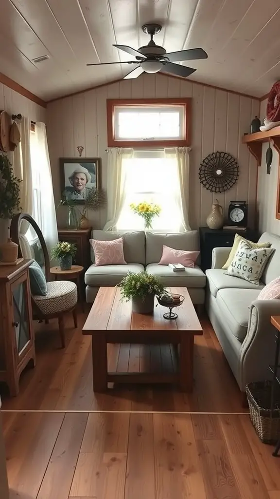 17 Inspiring Mobile Home Living Room Ideas to Transform Your Space 6 A cozy living room in a mobile home with rustic farmhouse decor, featuring light sofas, wooden flooring, and floral arrangements.