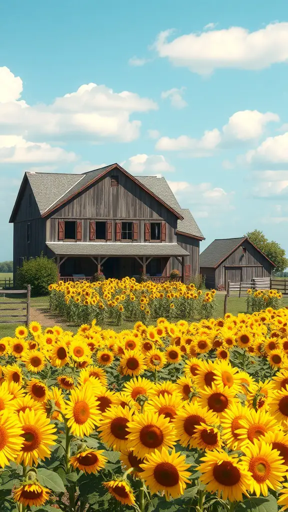 19 Stunning Flower Bed Ideas for Full Sun Gardens 13 A picturesque rustic farmhouse surrounded by a vibrant sunflower patch under a clear blue sky.