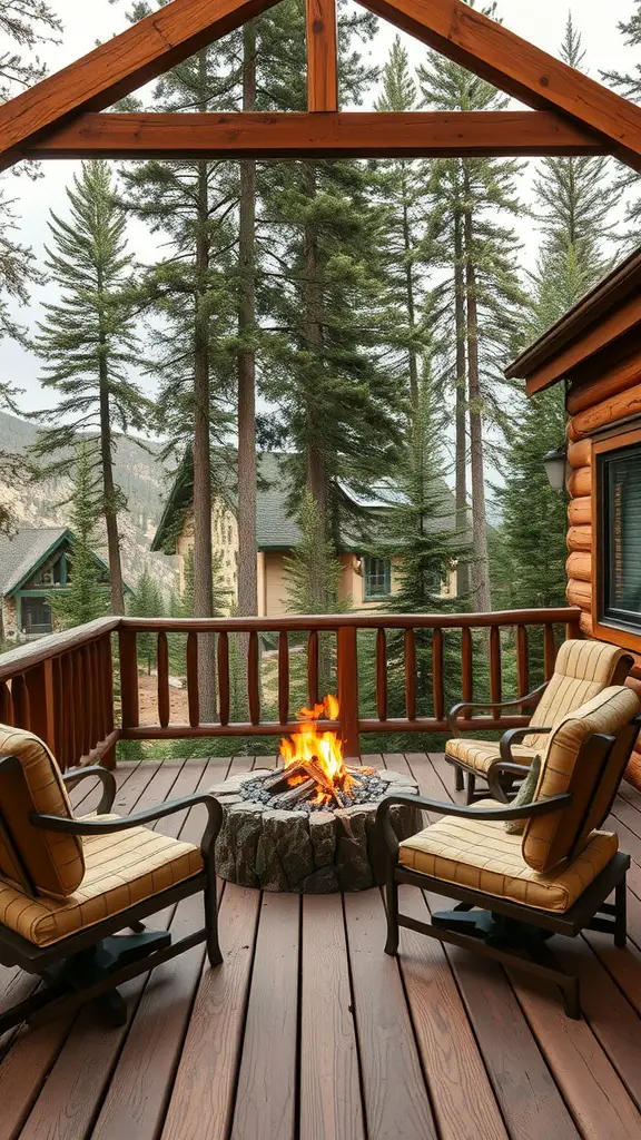 15 Stunning Deck Stain Colors to Transform Your Outdoor Space 17 A cozy deck with Rustic Fir stain, featuring a fire pit and comfortable seating surrounded by trees