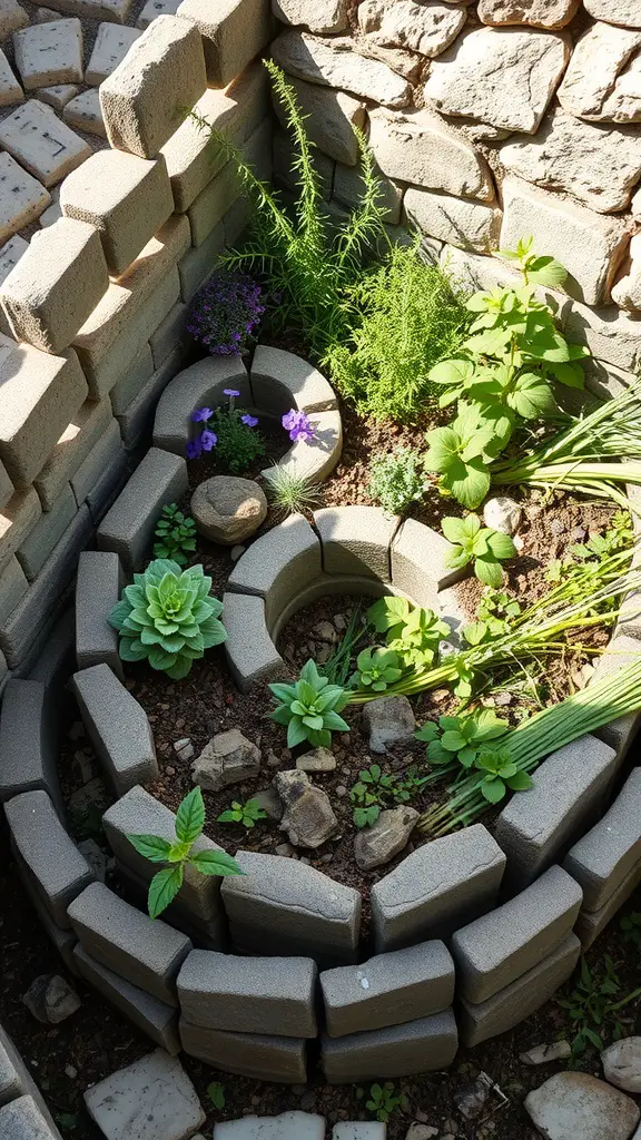 27 Charming Farmhouse Garden Ideas to Enhance Your Outdoor Space 2 A rustic herb spiral garden made of stone and blocks, featuring various herbs such as rosemary and mint.