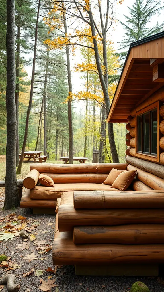 27 Creative DIY Outdoor Sectional Ideas for Your Backyard Retreat 18 A rustic log cabin style outdoor sectional made of logs, surrounded by trees and leaves.