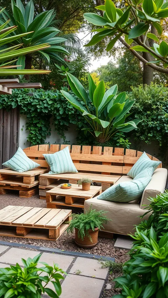 27 Creative DIY Outdoor Sectional Ideas for Your Backyard Retreat 6 A rustic outdoor lounge made with wooden pallets, featuring cushions and surrounded by greenery.