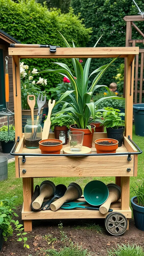 27 Charming Farmhouse Garden Ideas to Enhance Your Outdoor Space 10 A rustic wooden potting station with various plants and gardening tools
