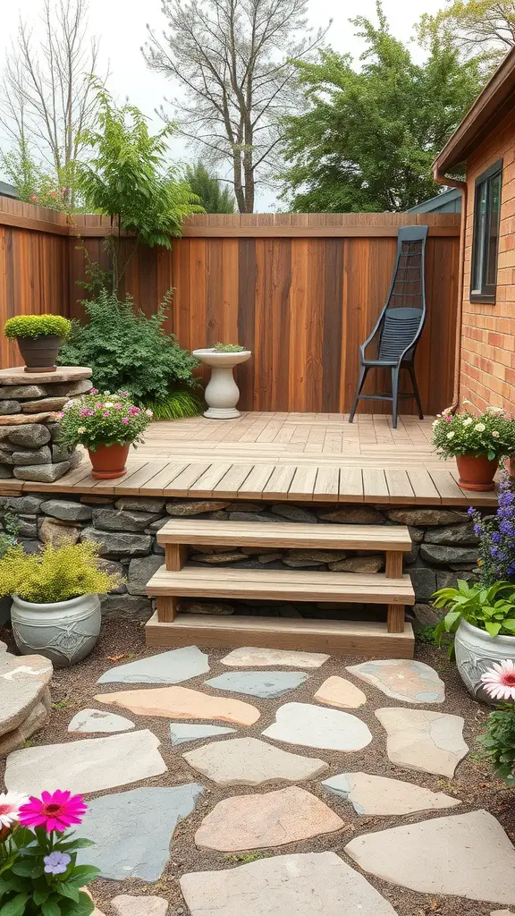 15 Creative Garden Decking Ideas for Your Outdoor Space 14 A rustic deck made of wood with stone steps surrounded by plants and flowers.