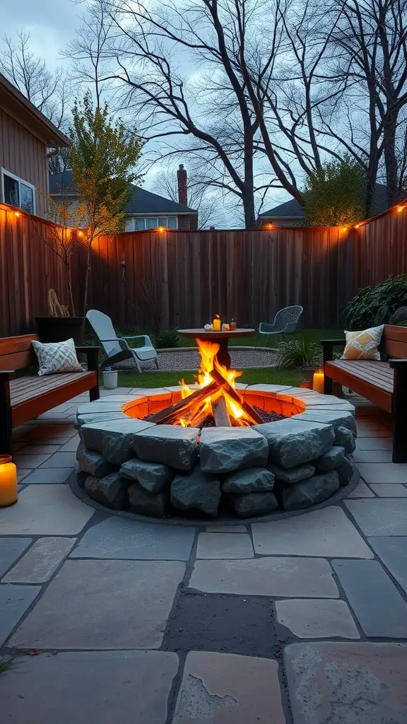17 Inspiring Backyard Patio and Fire Pit Ideas 8 Cozy rustic stone fire pit surrounded by wooden benches and soft lighting in a backyard patio