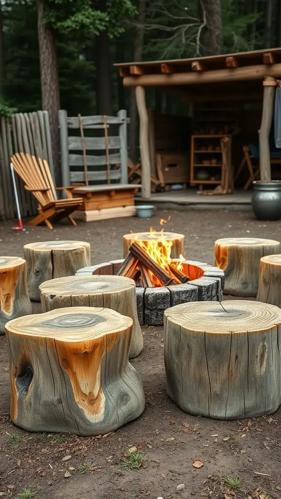 29 Affordable DIY Patio Furniture Ideas for Your Outdoor Space 25 A circle of rustic stump seats surrounding a fire pit in a forested area