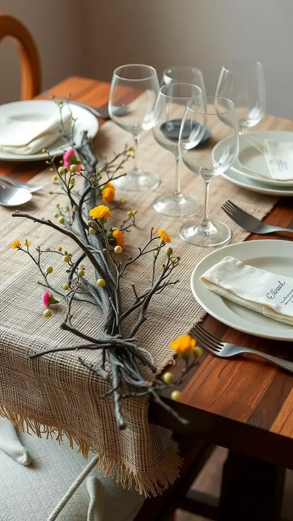 21 Creative Mother's Day Decor Ideas to Celebrate Mom 22 A rustic dining table set with a burlap table runner, twigs, and colorful flowers