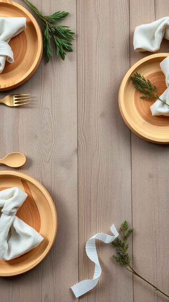 25 Creative Mother's Day Brunch Decor Ideas for Home 4 Rustic table setting with wooden plates, napkins, and greenery on a wooden surface.