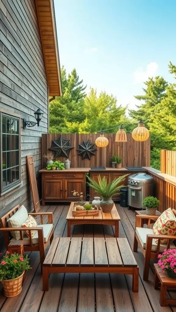 19 Charming Back Deck Decorating Ideas for a Cozy Outdoor Space 16 A rustic wooden deck featuring comfortable seating, a coffee table, potted plants, and warm hanging lights.