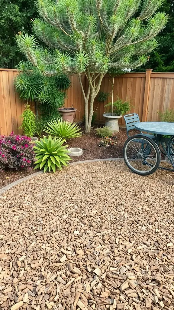 17 Creative Grass Alternative Backyard Ideas for a Stunning Outdoor Space 4 A backyard area featuring rustic wood chips, surrounded by plants and a small table.