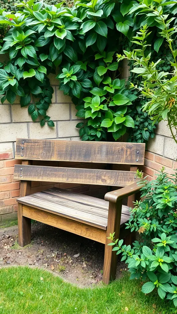 23 Creative Corner Garden Ideas for Your Backyard 15 A rustic wooden bench surrounded by lush green plants