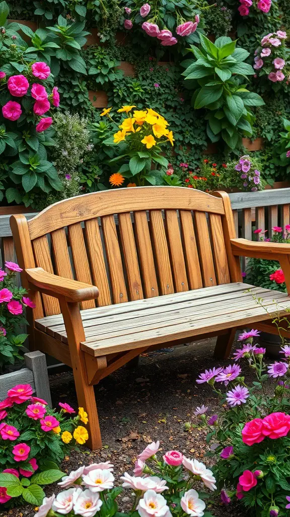 25 Creative Garden Bench Ideas to Enhance Your Outdoor Space 4 A rustic wooden garden bench surrounded by colorful flowers